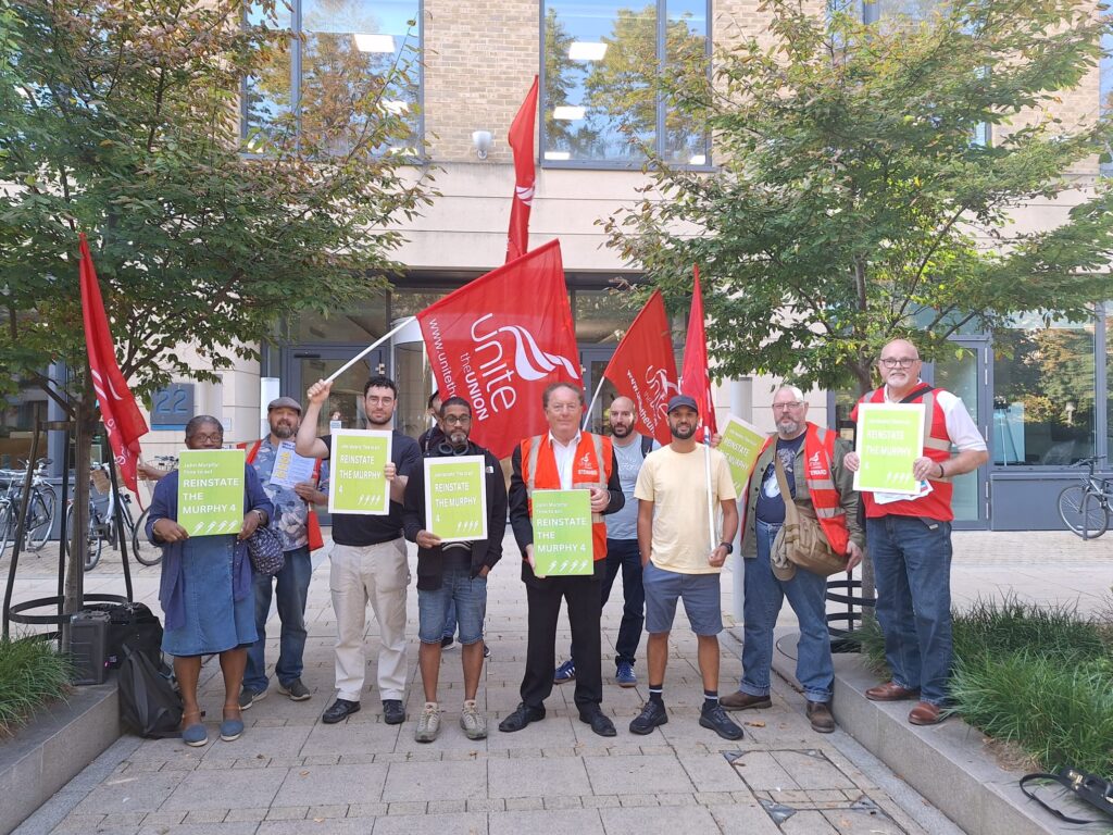 Members of our branch and other branches, along with former mayor Robert Dryden demonstrating outside Mott McDonald, A( A firm that does business with Murphy) in protest at the sacking of the Murphy 4.